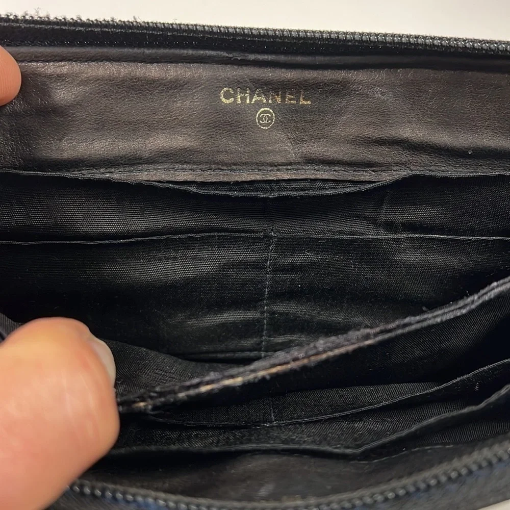Chanel Classic Black Caviar Leather Long Clutch Zip Around Wallet